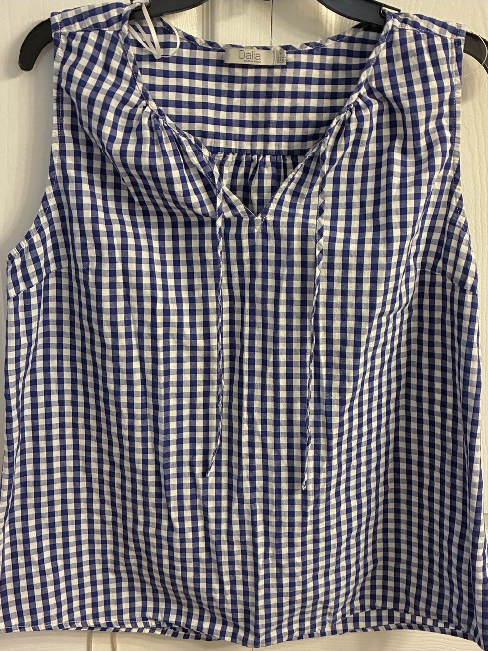 Dalia Blue and White Checked Cotton Sleeveless Shirt. NWOT. Size L. Tie at VNeck